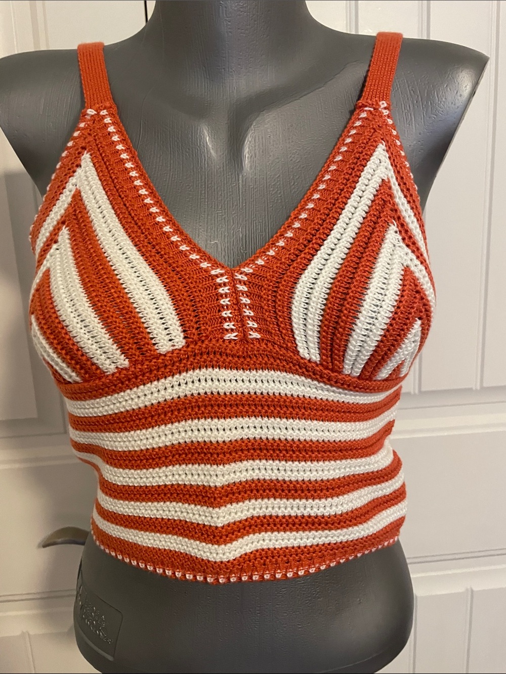 Striped Crochet V-Neck Crop Top in Orange and Cream